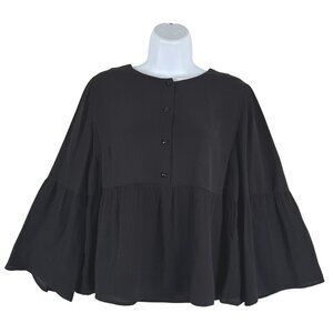 Sezane Silk Blouse‎ Peplum Top Womens Size 34 Black Bell Sleeve TP-3799